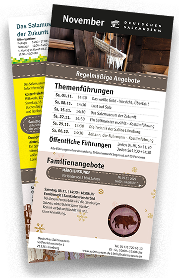 Vorschaubild für das Monatsprogramm November mit Blick auf die beiden Seiten des Flyers